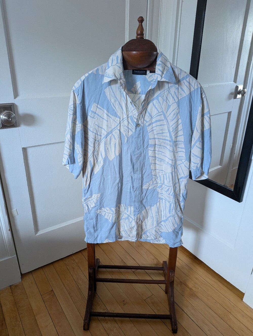 Van Heusen Light Blue and Cream Leaf-Print Button Shirt